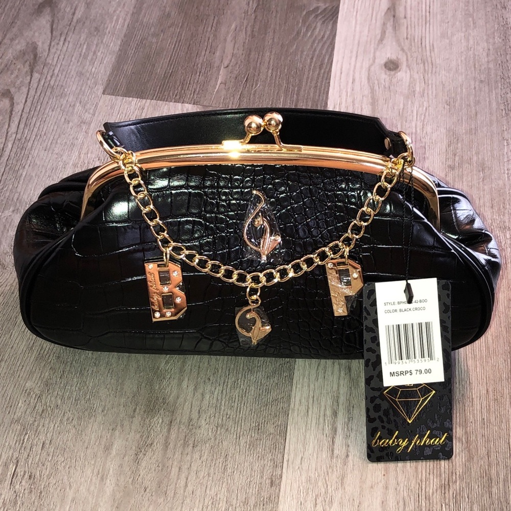Baby Phat Black Crocodile Embossed Kiss Lock Top Handle Bag + Chain Charm NWT